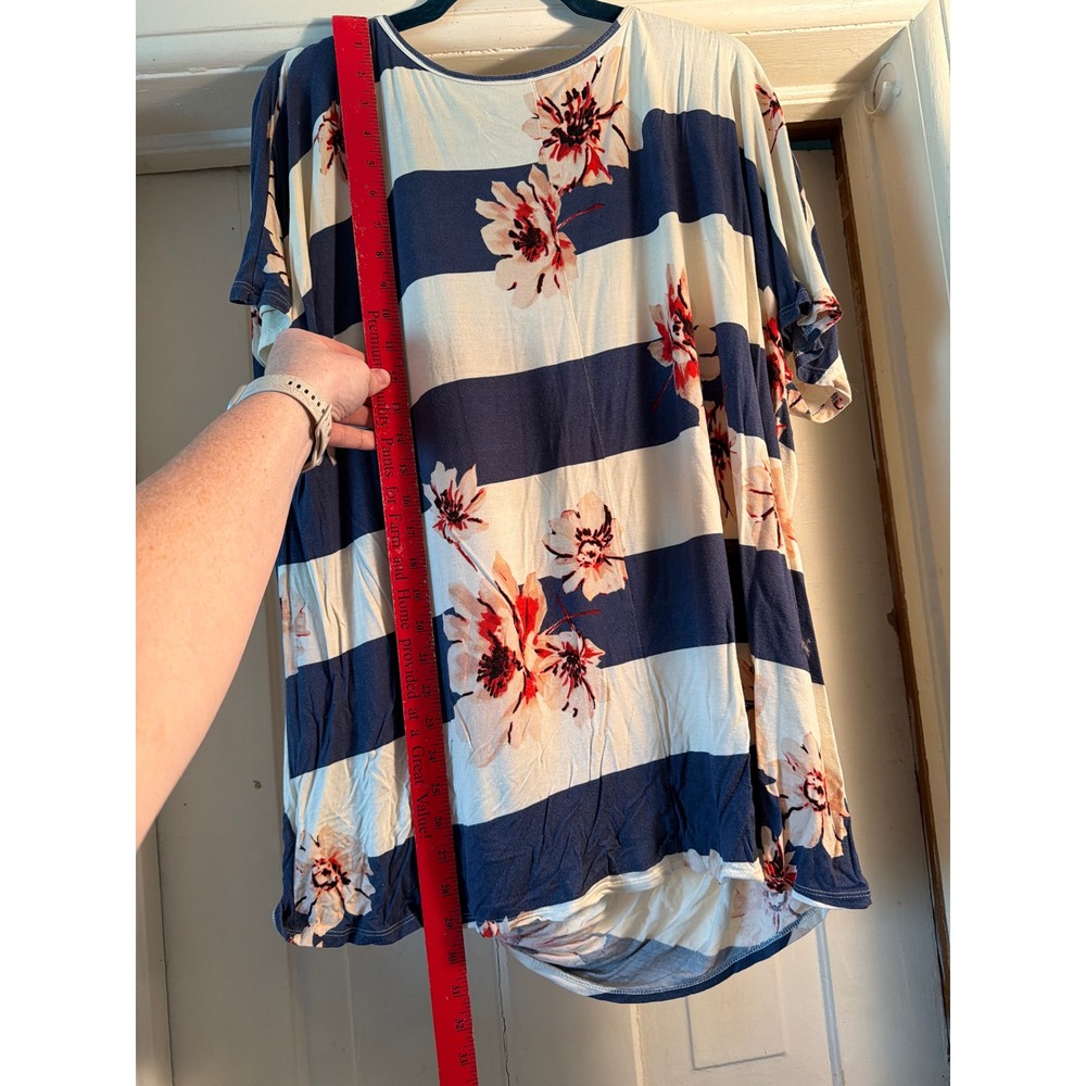 Womens Navy White Striped Floral Short Sleeve Knot Front Top Scoop Neck Large - Picture 3 of 5